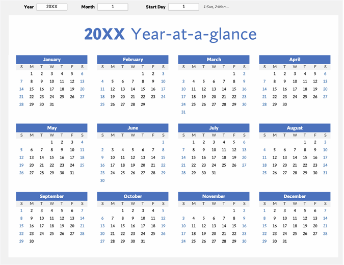 Any Year At A Glance Calendar landscape 