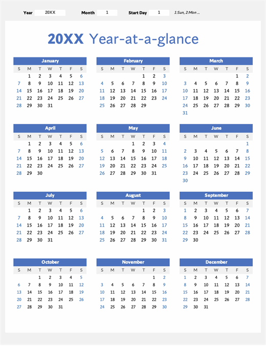 Any year at a glance calendar (portrait)