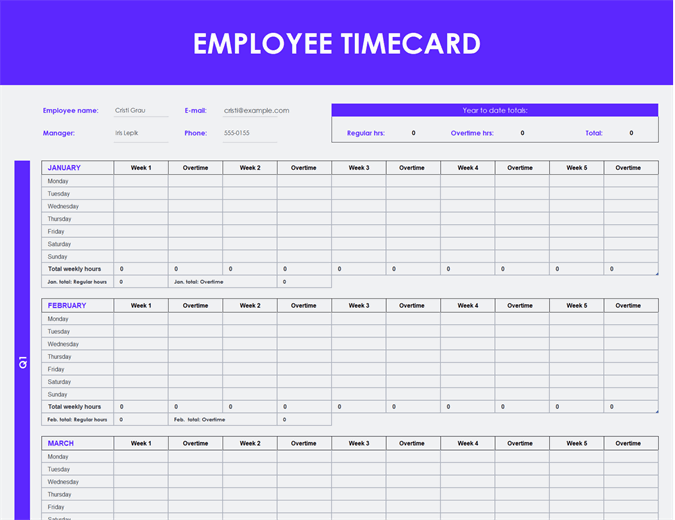 Employee timecard (daily, weekly, monthly, and yearly)
