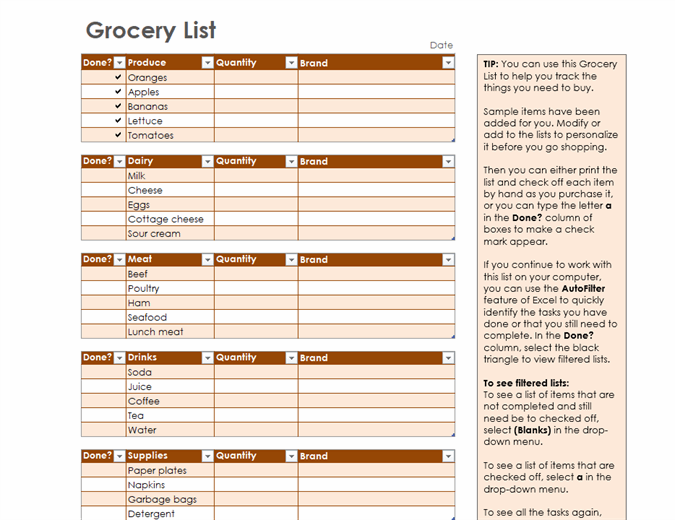 Grocery list with space for brand