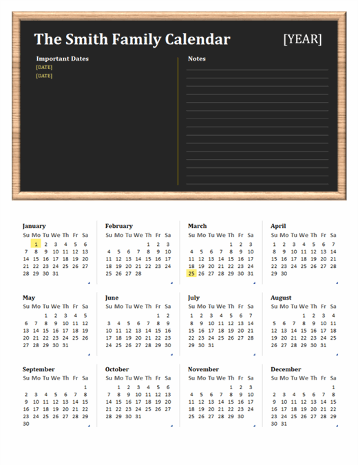 Family calendar (any year, Sun-Sat)