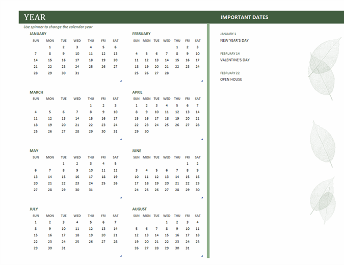 Business calendar (any year, Sun-Sat)