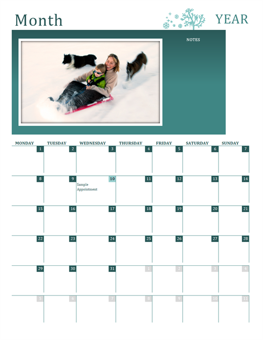 Seasonal family calendar (any year, Mon-Sun) Seasonal family calendar (any year, Mon-Sun)