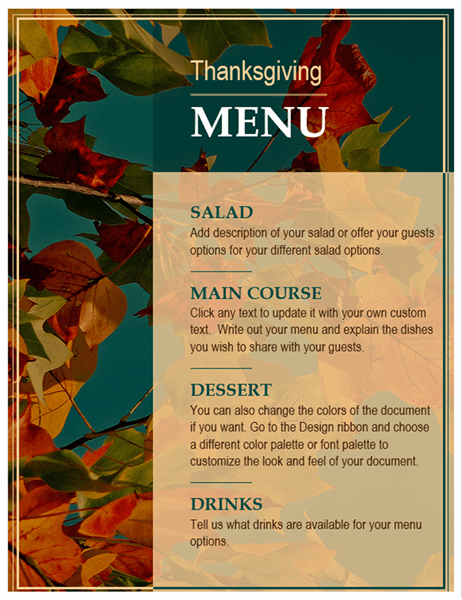 Autumn leaves Thanksgiving menu
