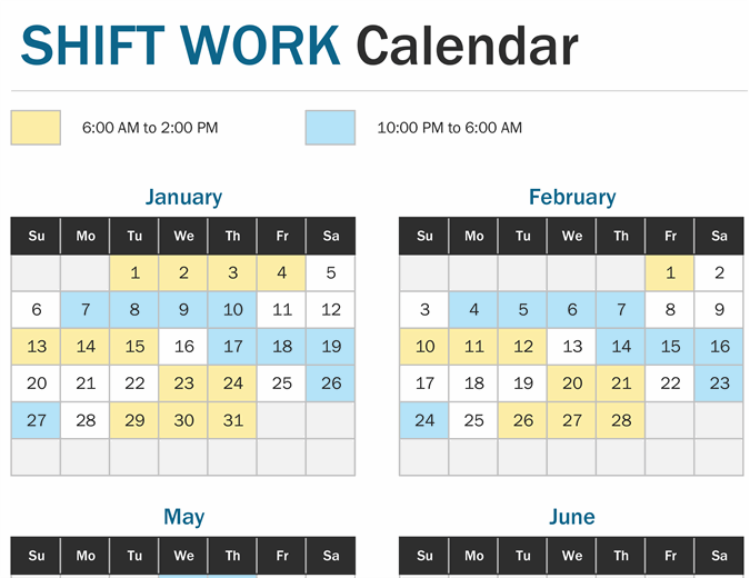 Shift work calendar year at a glance