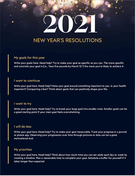 New Year's resolutions worksheet