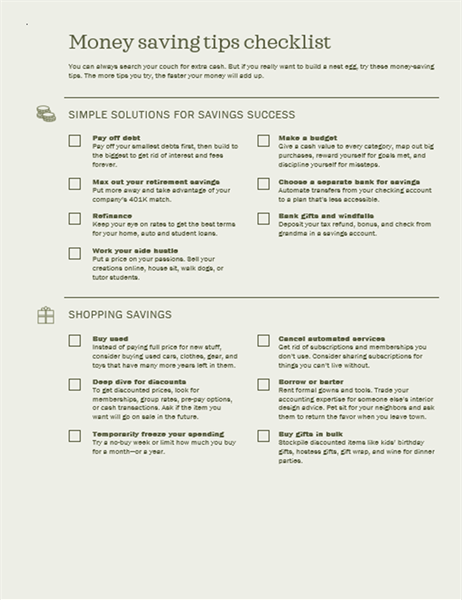 Money saving tips checklist Money saving tips checklist