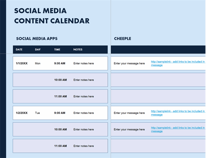 Social Media Content Calendar Template