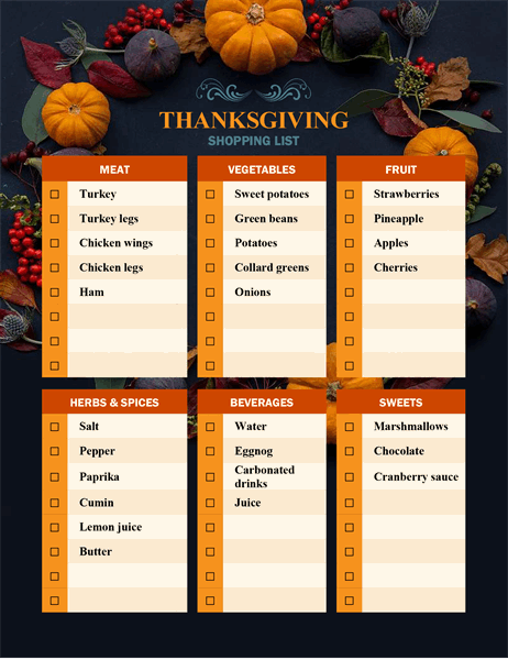 Nature's bounty Thanksgiving shopping list