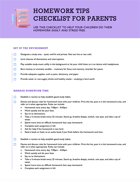 Homework tips checklist Homework tips checklist