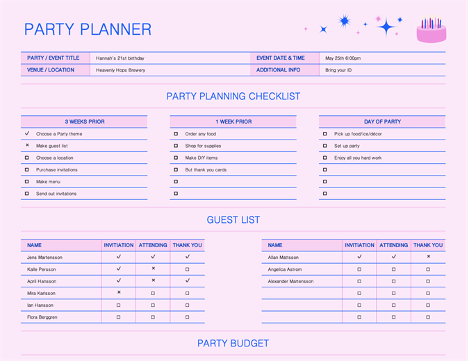 Party planner and checklist Party planner and checklist