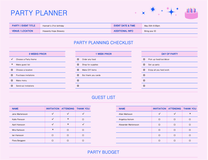 Party planner and checklist