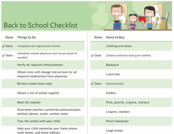 Checklist for back to school