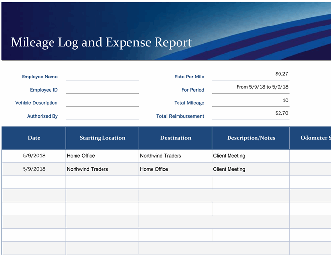 Blue mileage and expense report