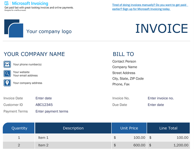 Standard invoice with Microsoft Invoicing
