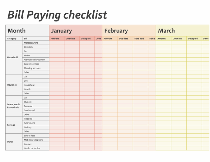 Bill Paying Checklist Excel