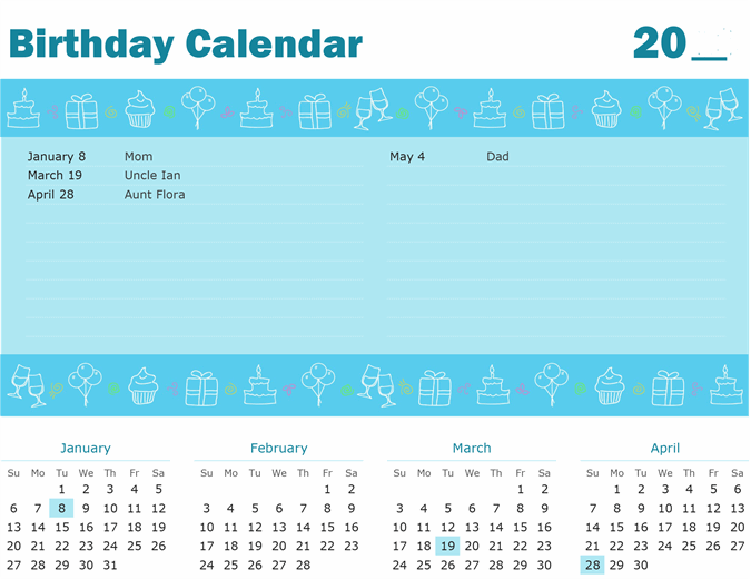 Birthday calendar with highlighting