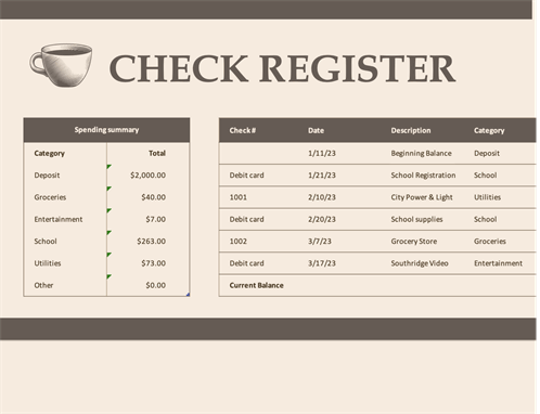 Check register with spending summary