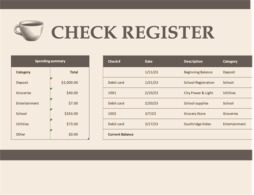 checkbook template excel