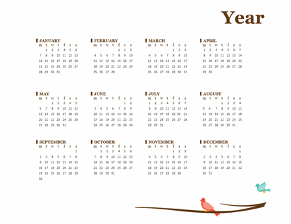 Birds on a branch yearly calendar (Sun-Sat)