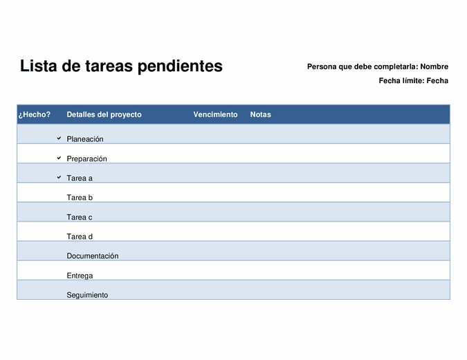 Lista de tareas pendientes para proyectos Lista de tareas pendientes para proyectos