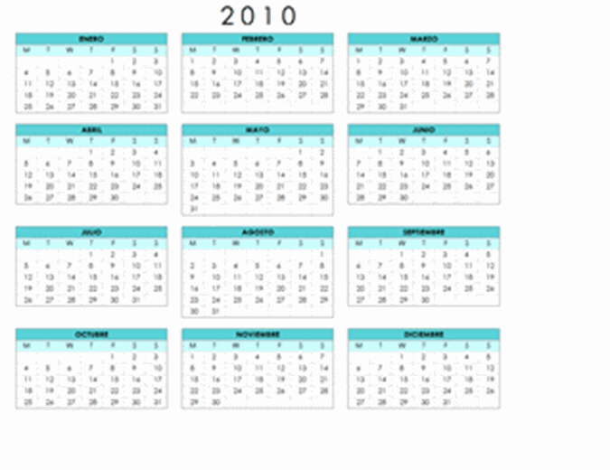 Calendario de 2010 (1 página, horizontal, lunes a domingo)