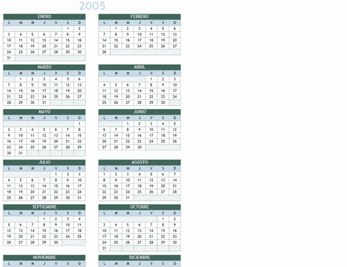 Calendario anual 2005-2014 (Lun-Dom)