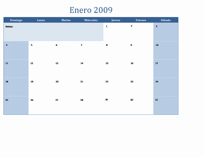 Calendario de 2009 en varias hojas de cálculo