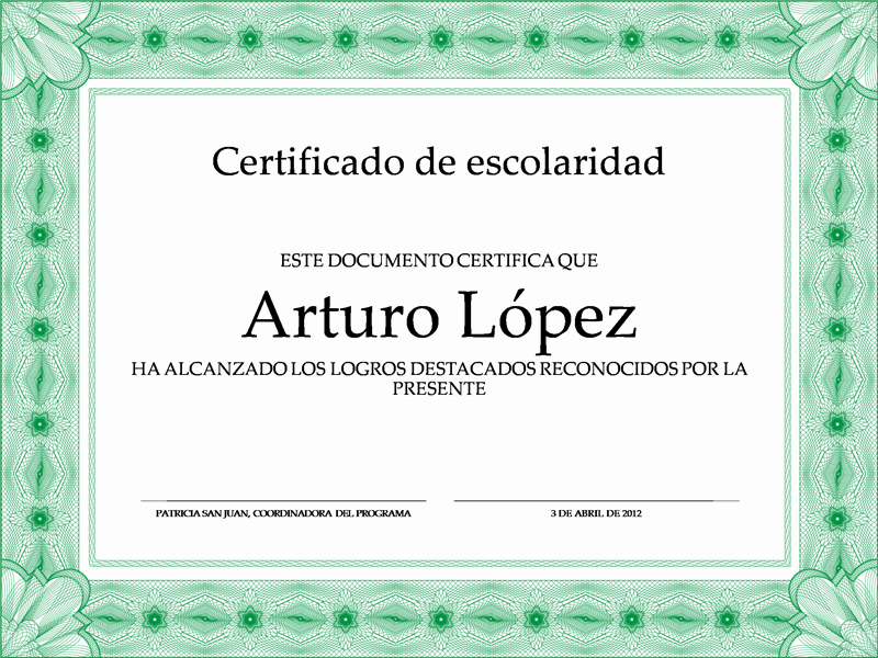 Certificado de Escolaridad (borde formal verde)