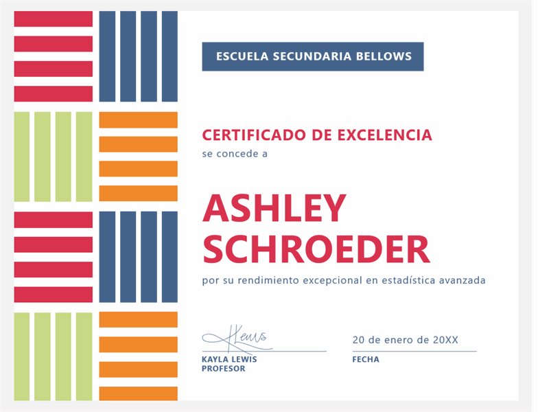Certificado de excelencia para estudiante de bloque de color