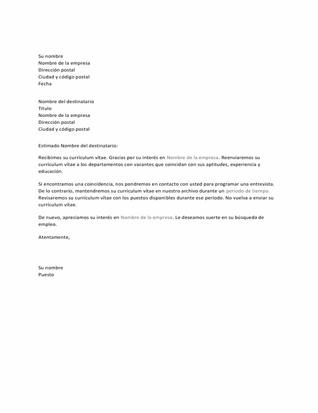 Carta para solicitante de empleo para confirmar la recepción