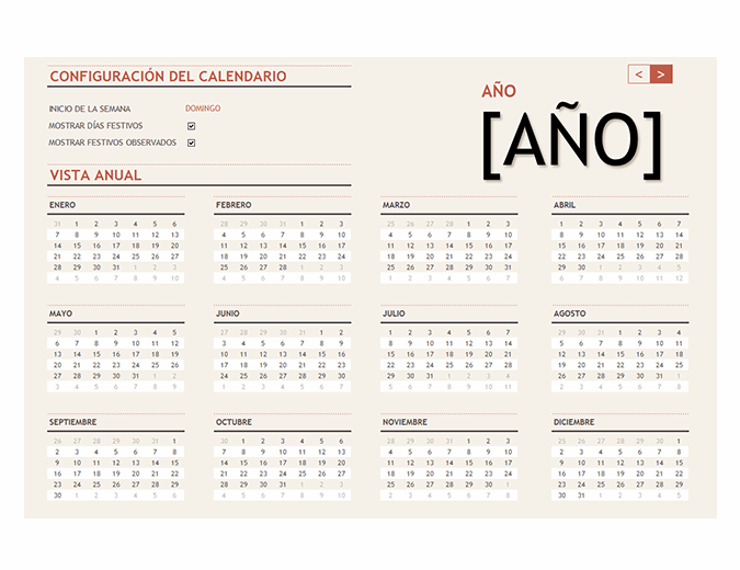 Calendario de cualquier año con días festivos