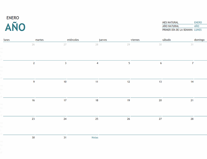Calendario de un mes de cualquier año con notas