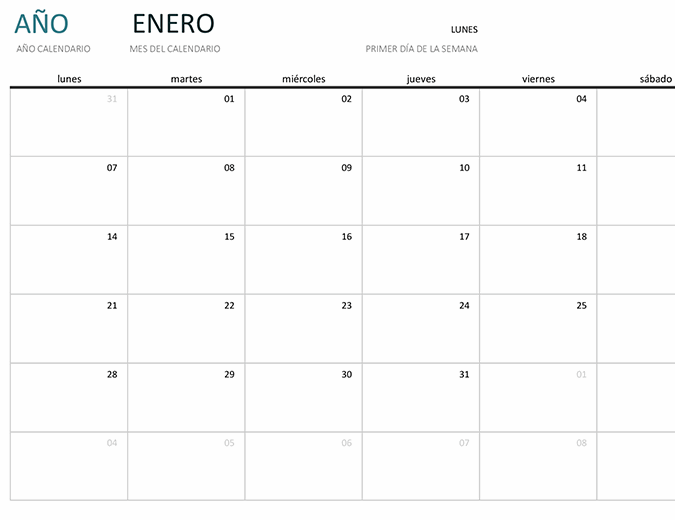 Calendario de un mes de cualquier año