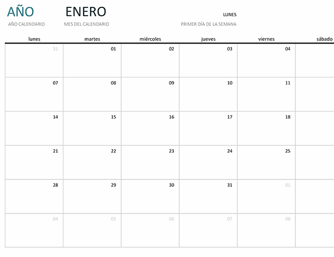 Calendario De Un Mes De Cualquier Año