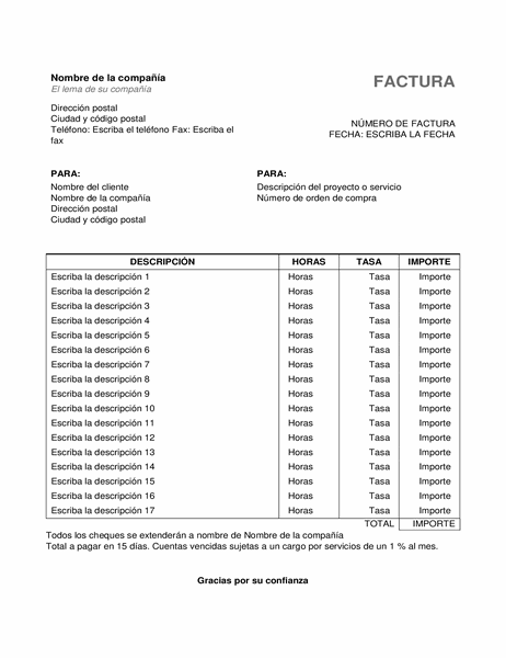 Factura de servicios con horas y tarifas