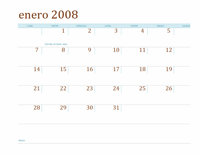Calendario de 2008 en varias hojas de cálculo (lun-dom, 12 pp.)