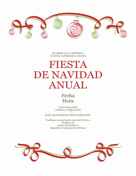 Invitación de fiesta navideña con adornos y cinta roja (diseño formal)