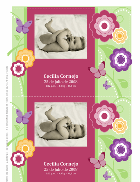 Tarjetas con foto de anuncio de nacimiento (diseño con flores)