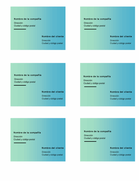 Etiquetas de envío (diseño con degradado verde, 6 por página, compatibles con Avery 5164)
