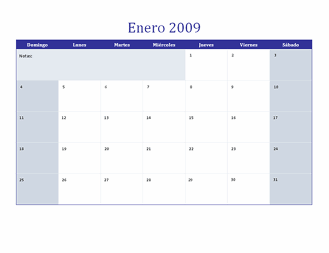 Calendario de 2009 en varias hojas de cálculo