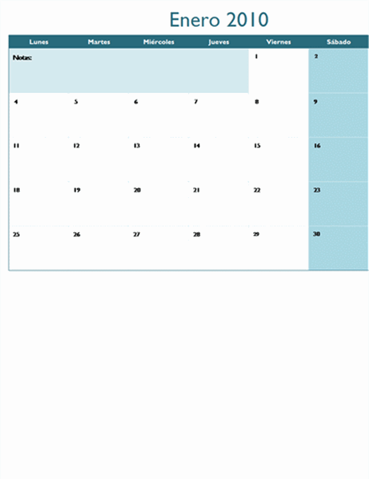 Calendario de 2010 en múltiples hojas de cálculo (12 pág., lunes a domingo)