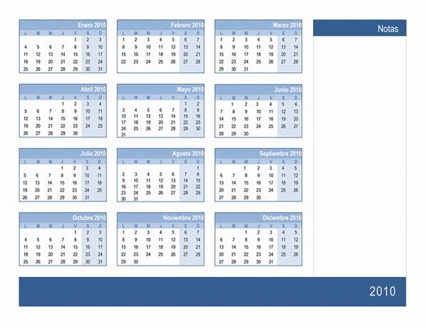 Calendario de 2010 con espacio para notas (1 página, lunes a domingo)