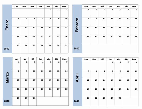 Calendario de 2010 con borde azul (3 páginas, lunes a domingo)