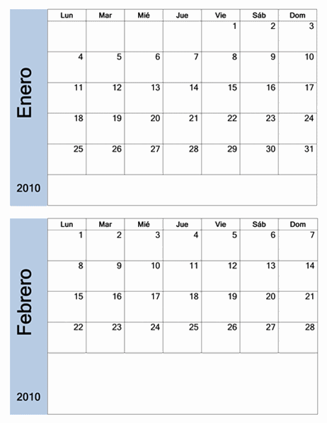 Calendario de 2010 con borde azul (6 páginas, lunes a domingo)
