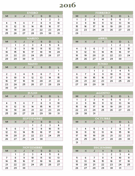 Calendario anual 2016-2025 (de lunes a domingo)