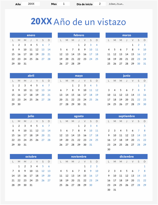 Calendario para cualquier año de un vistazo (vertical)