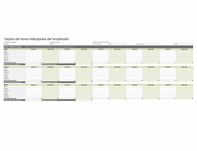 Tarjeta de horas trabajadas del empleado (diaria, semanal, mensual y anual)