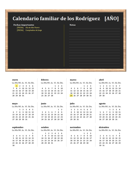 Calendario familiar (cualquier año, de lunes a domingo) Calendario familiar (cualquier año, de lunes a domingo)