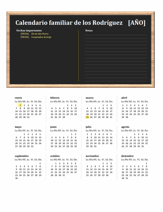 Calendario familiar (cualquier año, de lunes a domingo)